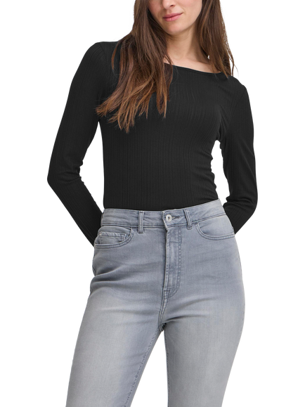 ICHI Cella Textured Long Sleeve Top, Black, Black