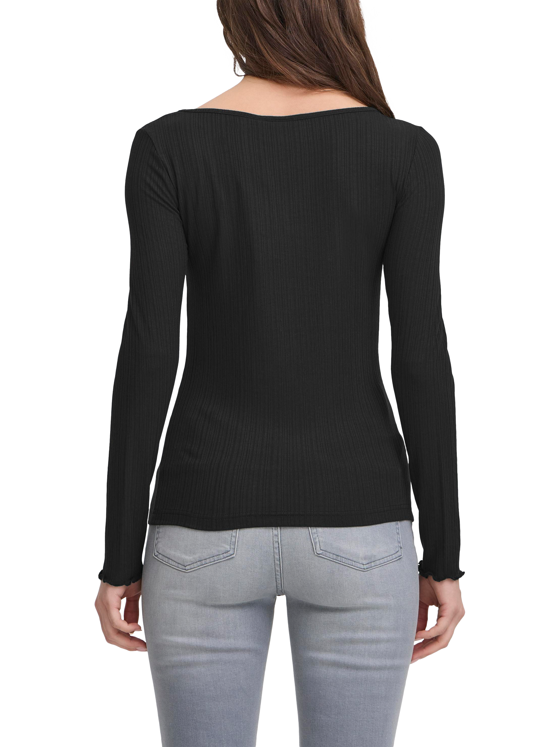 Product image 2 of 6, which shows ICHI Cella Textured Long Sleeve Top, Black, XS