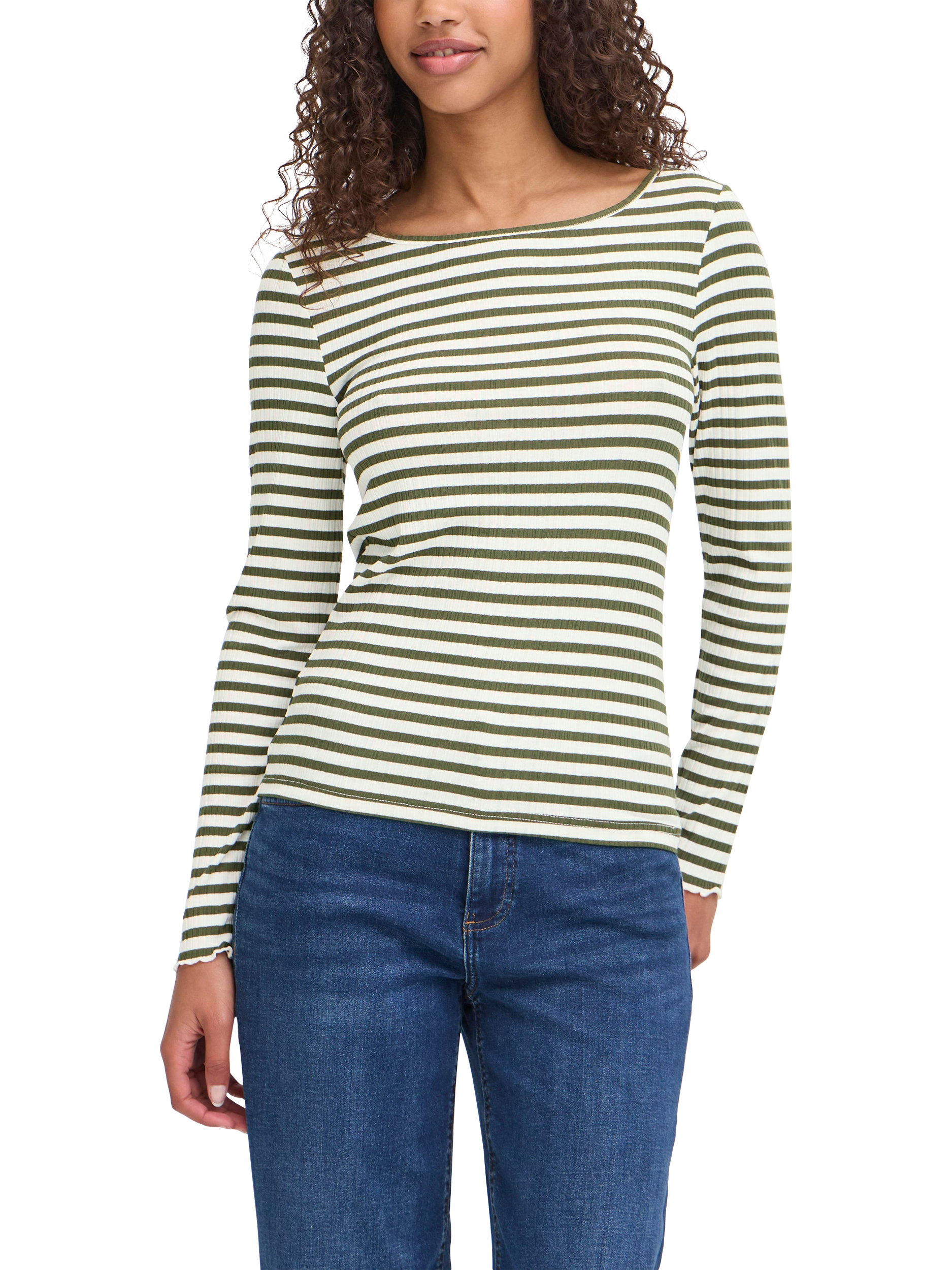 Product image 1 of 7, which shows ICHI Cella Stripe Long Sleeve Top, Cloud/Rifle Green, XS