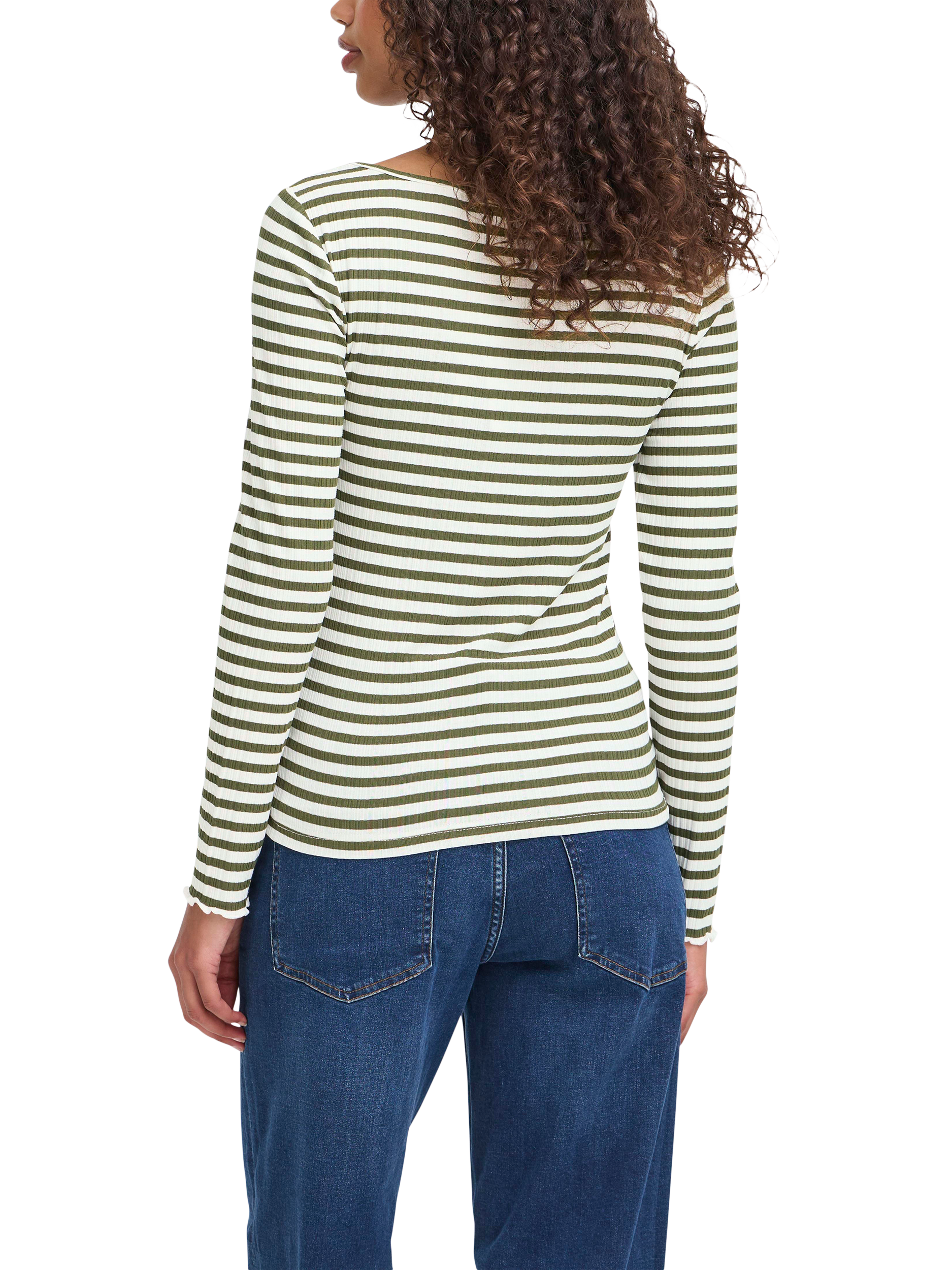 Product image 2 of 7, which shows ICHI Cella Stripe Long Sleeve Top, Cloud/Rifle Green, XS