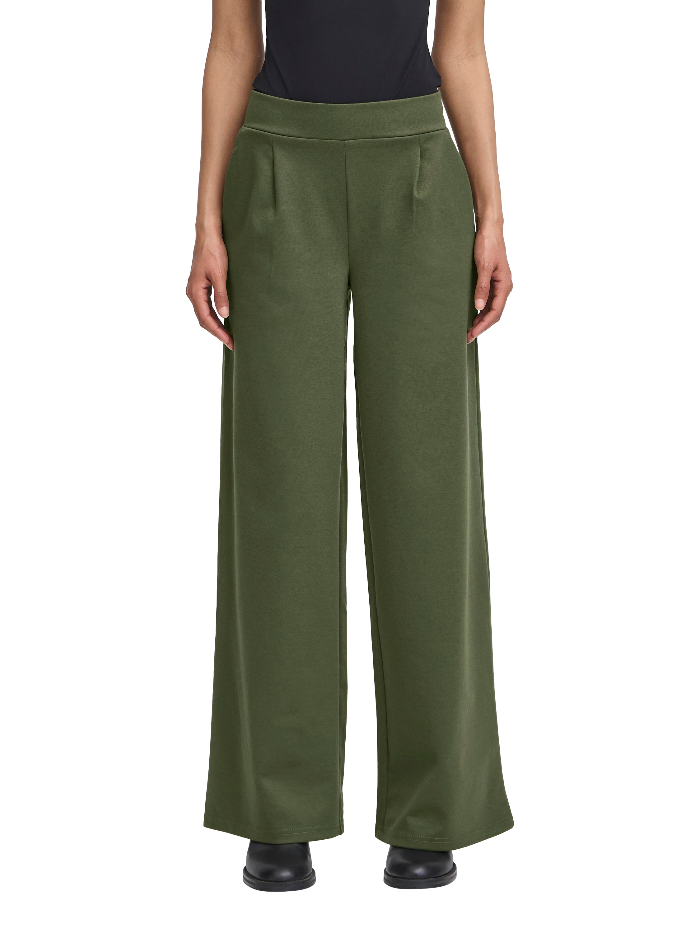 Product image 1 of 7, which shows ICHI Kate Wide Leg Tailored Trousers, Rifle Green, XS