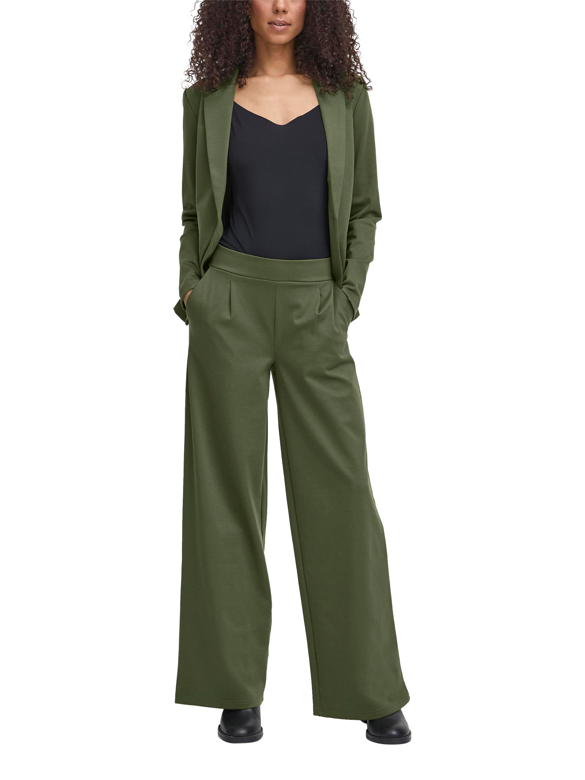 Product image 3 of 7, which shows ICHI Kate Wide Leg Tailored Trousers, Rifle Green, XS
