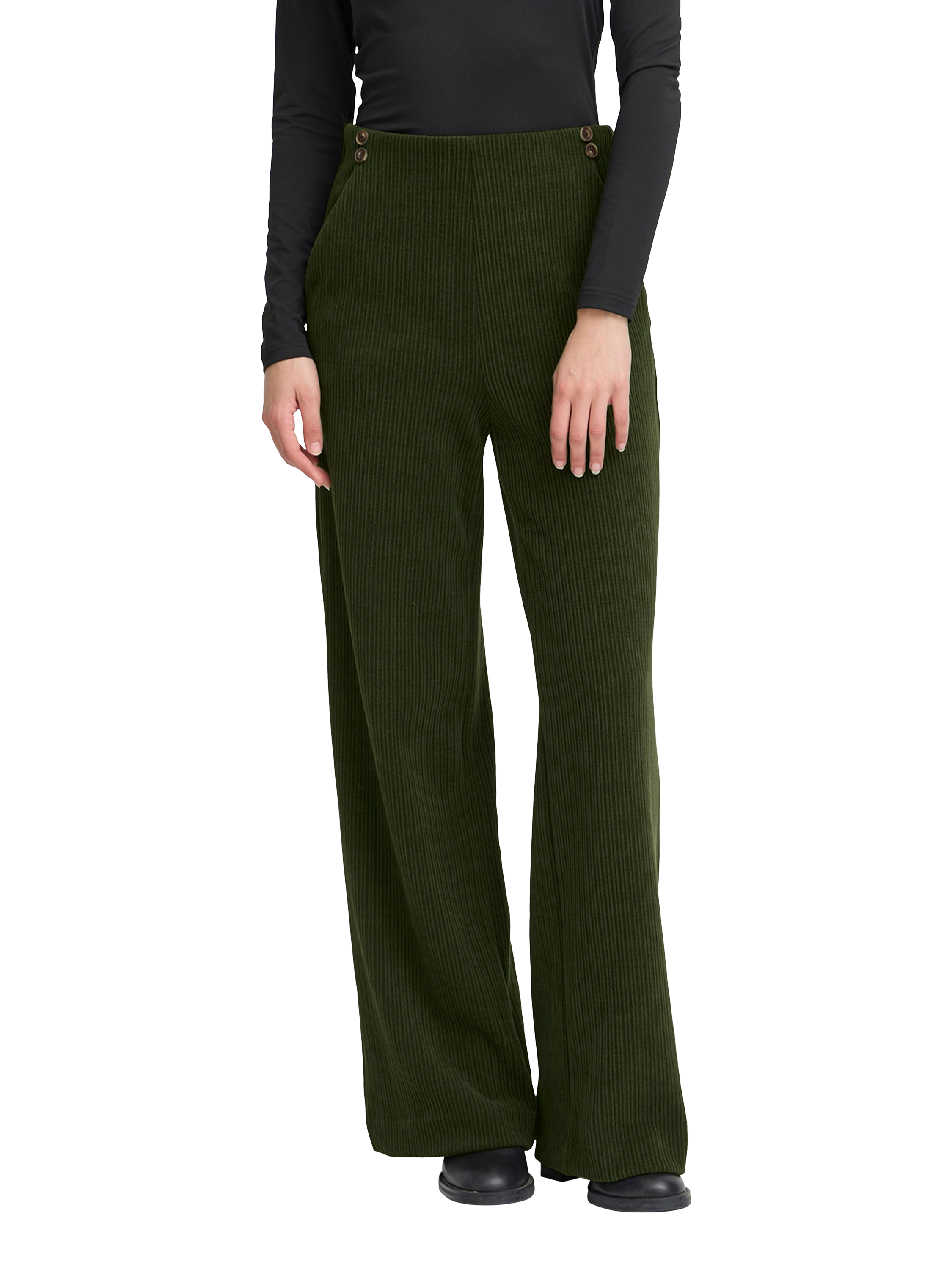 Product image 1 of 7, which shows ICHI Kate Mid Rise Straight Corduroy Trousers, Rifle Green, XS