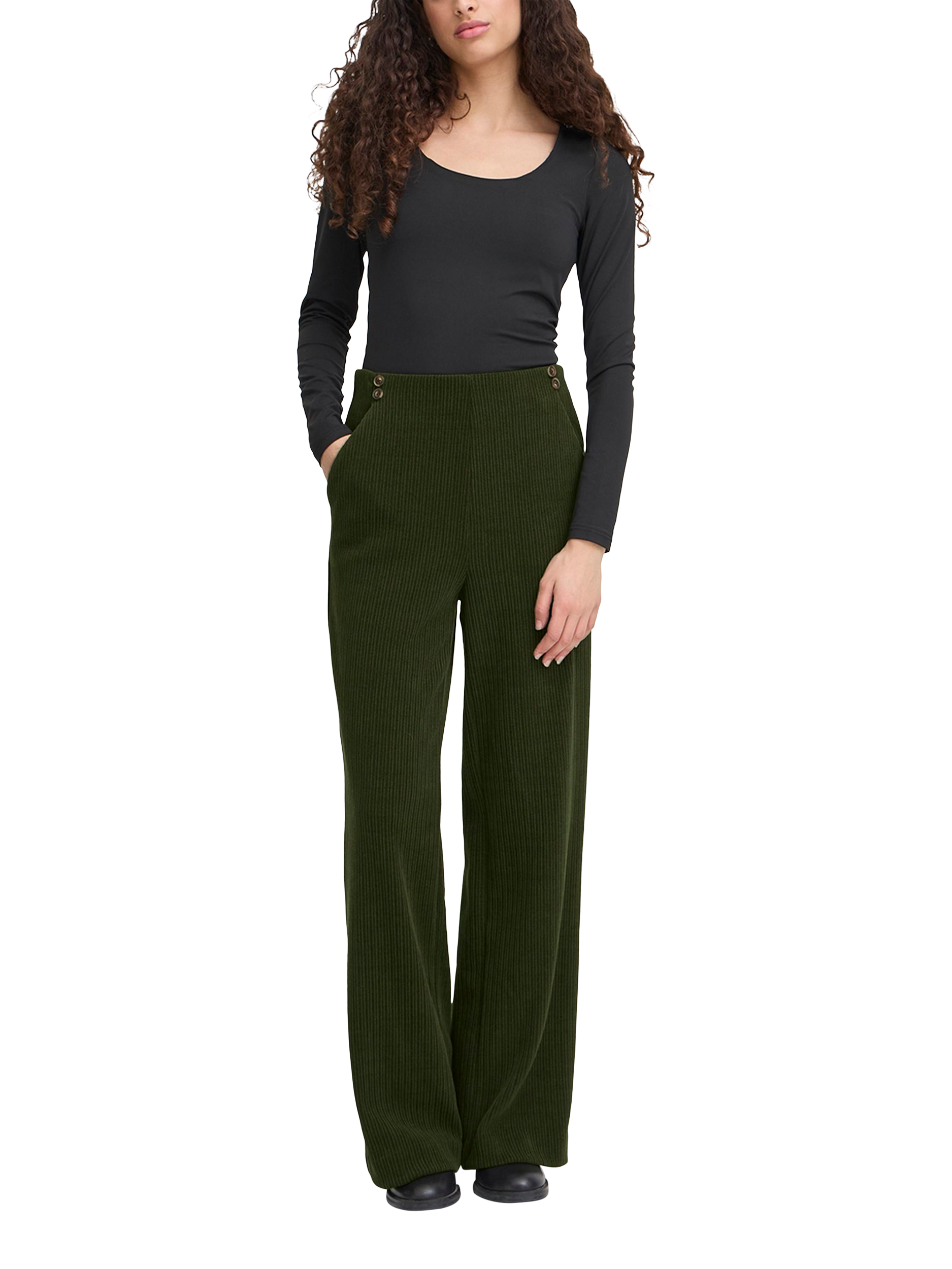 Product image 3 of 7, which shows ICHI Kate Mid Rise Straight Corduroy Trousers, Rifle Green, XS