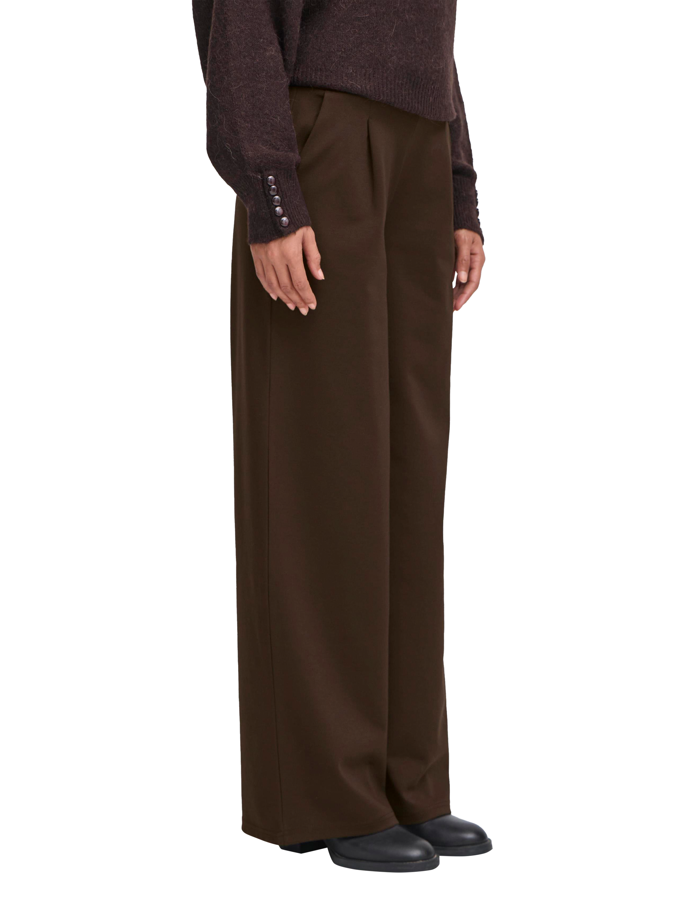 Product image 1 of 7, which shows ICHI Kate Wide Leg Tailored Trousers, Chocolate Torte, XS