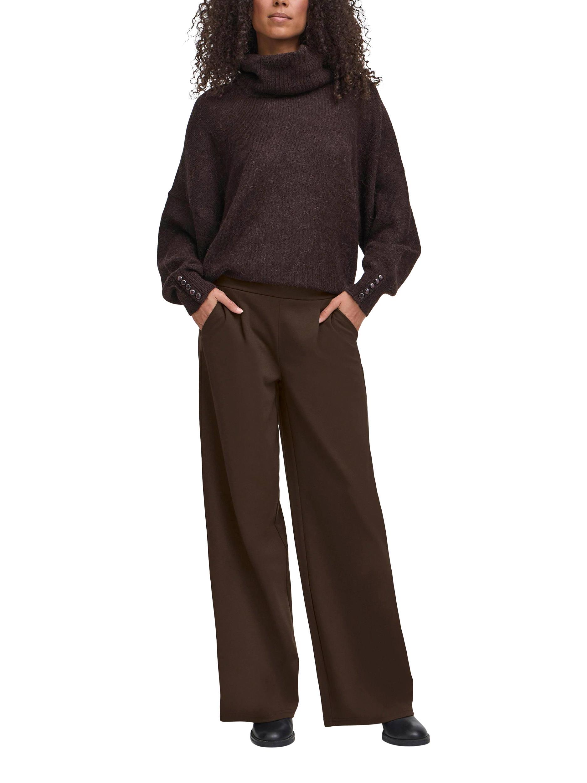 Product image 3 of 7, which shows ICHI Kate Wide Leg Tailored Trousers, Chocolate Torte, XS