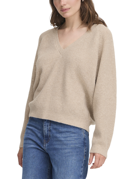 ICHI Dasila Long Sleeve V-Neck Knit Jumper, Oatmeal Melange