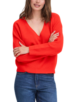 ICHI Dasila Long Sleeve V-Neck Knit Jumper, Fiery Red