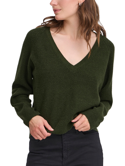 ICHI Dasila Long Sleeve V-Neck Knit Jumper, Rifle Green