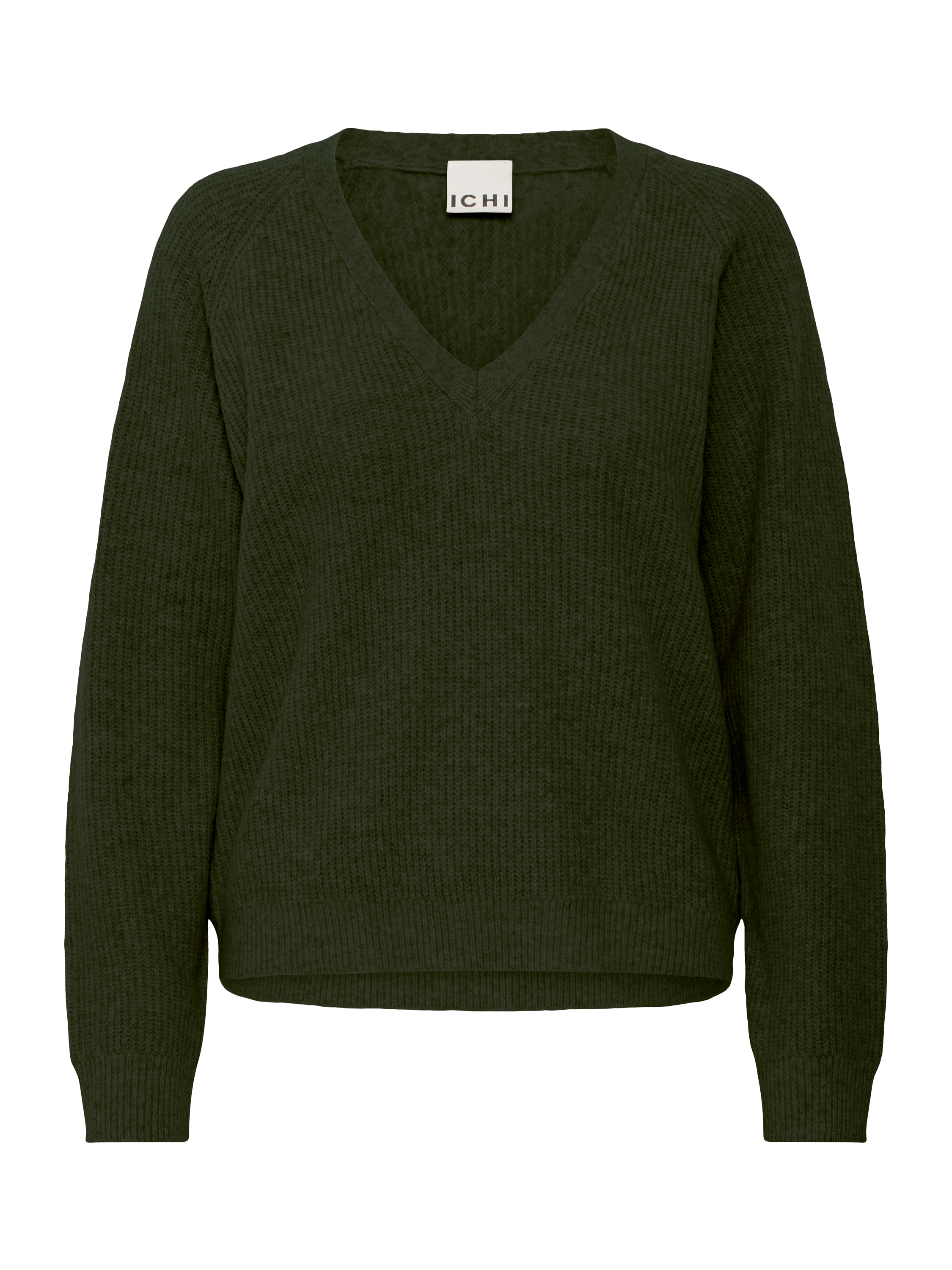 ICHI Dasila Long Sleeve V-Neck Knit Jumper, Rifle Green