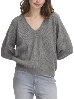 ICHI Dasila Long Sleeve V-Neck Knit Jumper, Dark Grey Melange