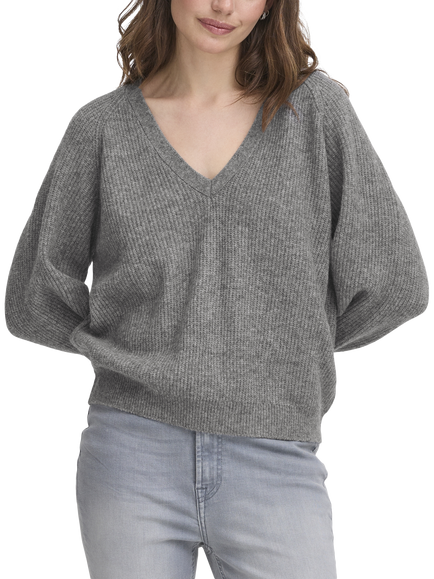 ICHI Dasila Long Sleeve V-Neck Knit Jumper, Dark Grey Melange
