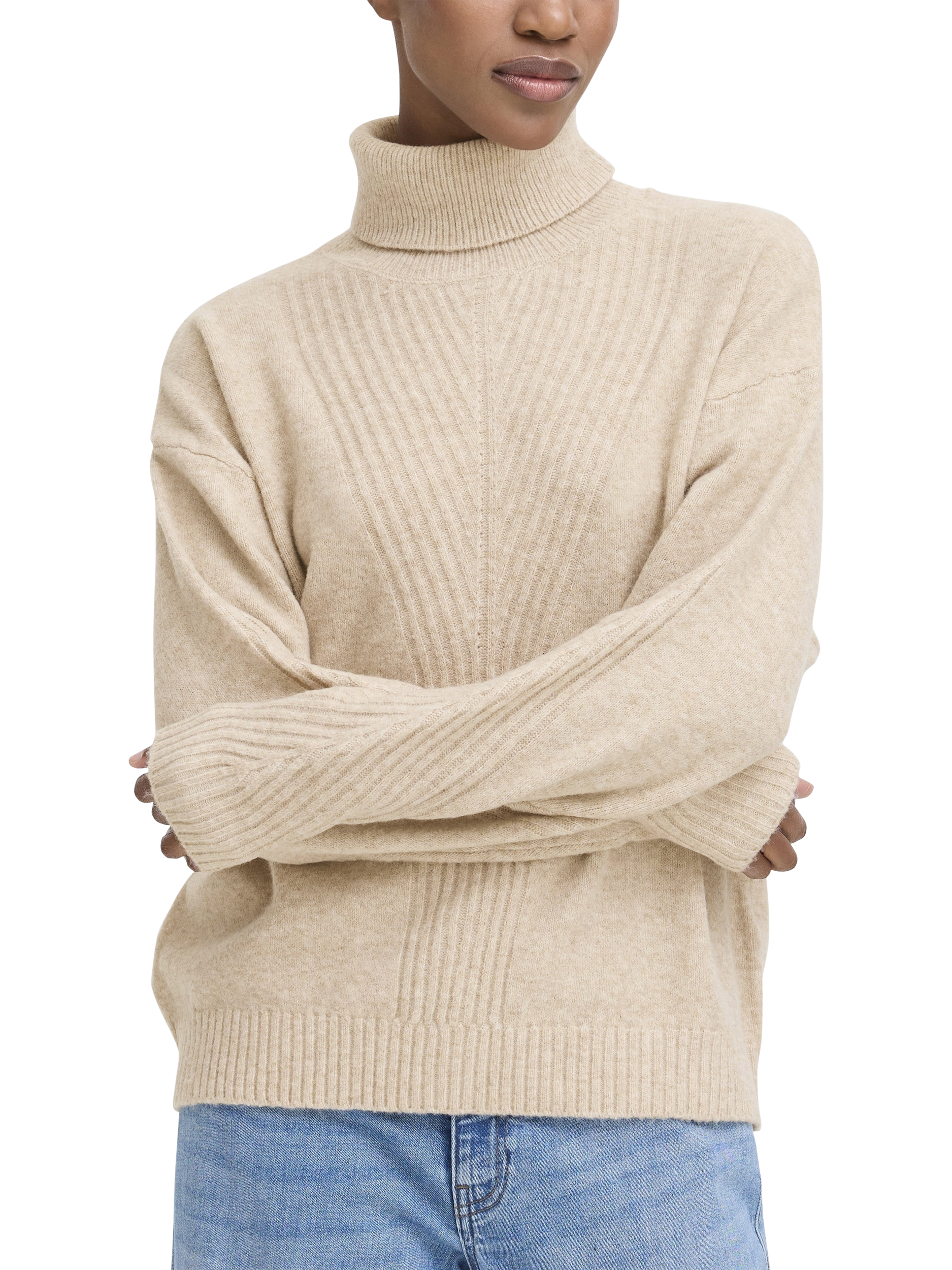 Product image 1 of 7, which shows ICHI Dasila Long Sleeve Roll Neck Jumper, Oatmeal Melange, XS