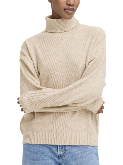 ICHI Dasila Long Sleeve Roll Neck Jumper, Oatmeal Melange