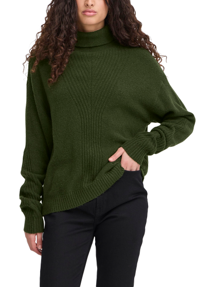 ICHI Dasila Long Sleeve Roll Neck Jumper, Rifle Green