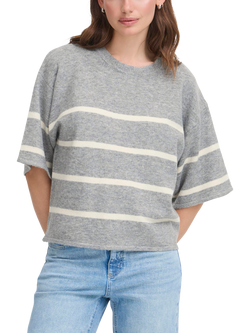 ICHI Dasila Stripe Elbow Sleeve Jumper, Grey Melange/Almond Milk