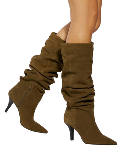 Dune London Santi Stiletto Heel Knee Length Suede Boots, Khaki - view 2, Khaki