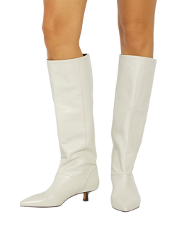 Dune London Sloan Kitten Heel Knee Length Leather Boots - view 2, Ecru