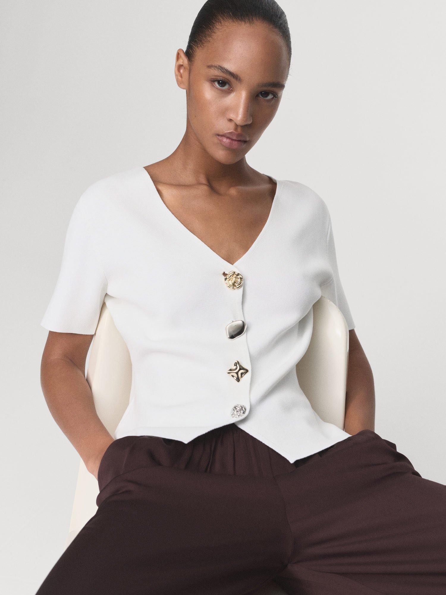 Product image 1 of 7, which shows Mango Dali Decorative Button Cardigan, White, XS