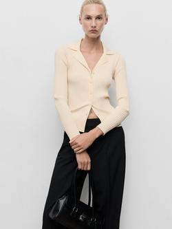 Mango Latte Ribbed Fine Knit Cardigan, Natural White, Natural White