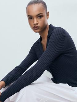 Mango Latte Collared Ribbed Cardigan, Navy - view 2, Navy