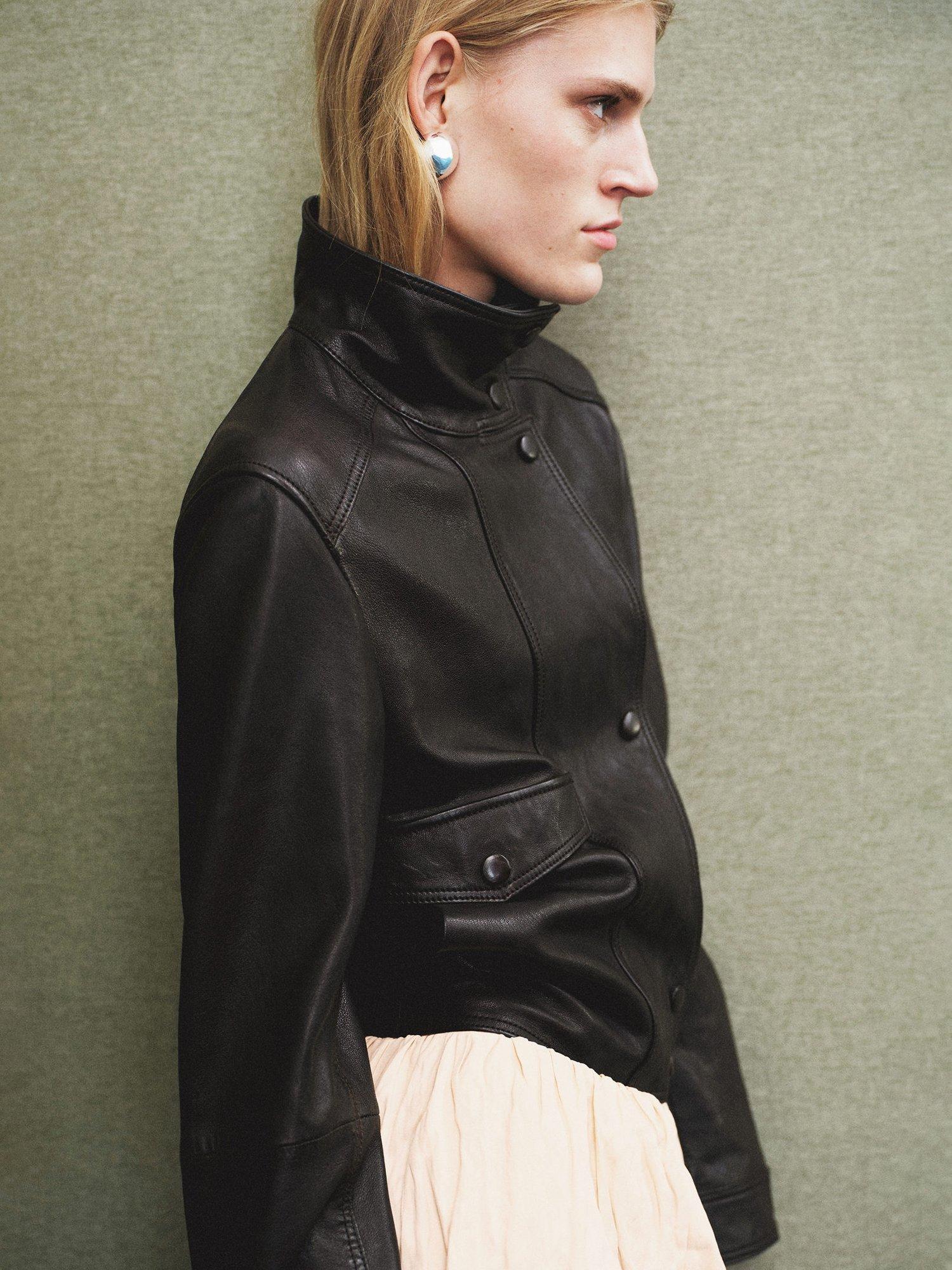 Product image 7 of 8, which shows Mango Comme Pure Leather Jacket, Brown, XXS