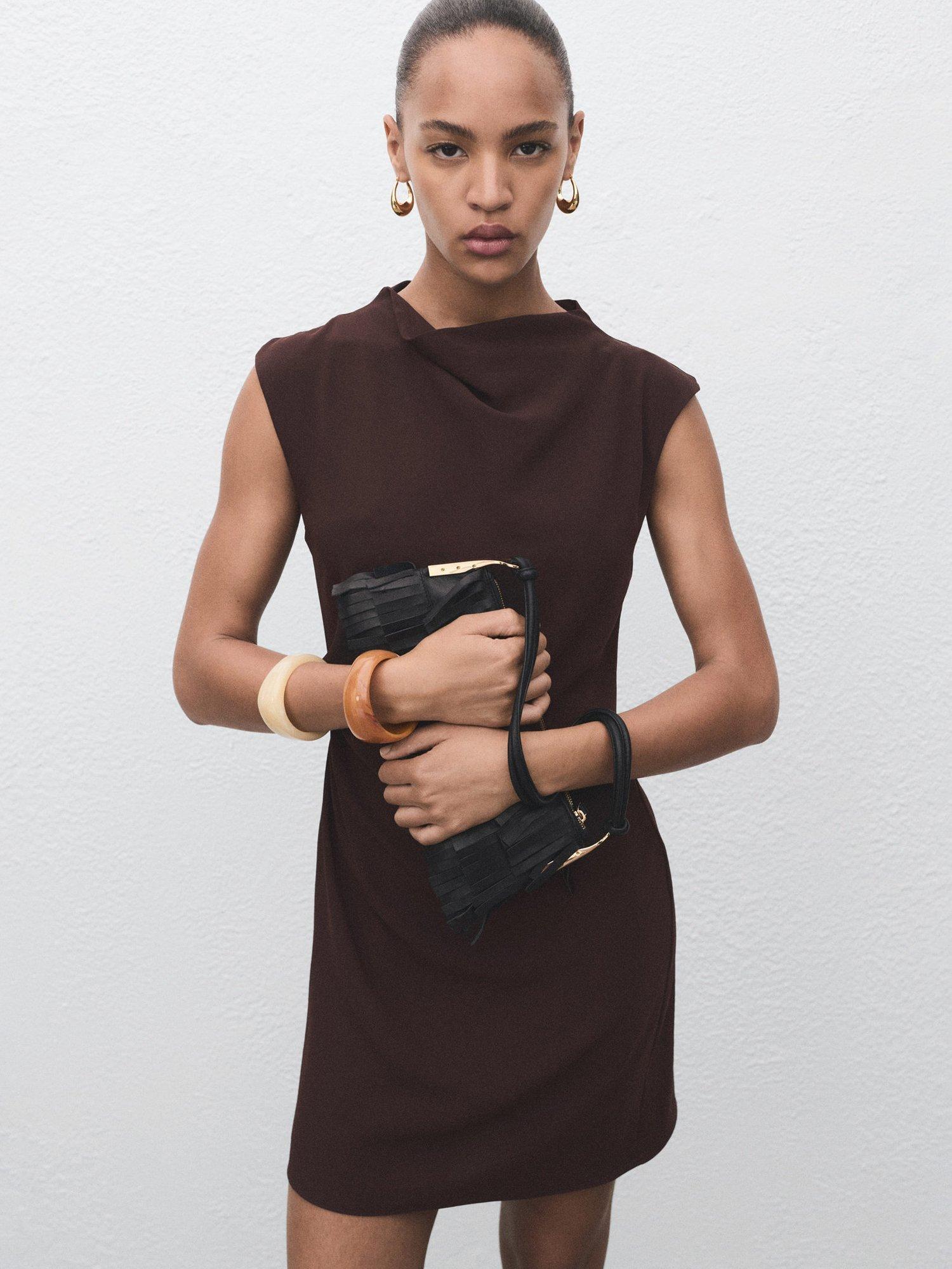 Product image 1 of 8, which shows Mango Carlota Drape Mini Dress, Dark Brown, 8