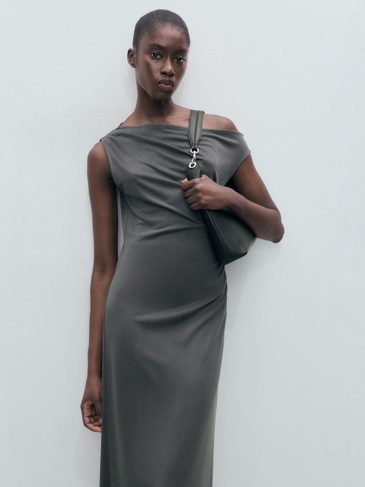 Product image 2 of 6, which shows Mango Cupo Drape Sleeveless Dress, Charcoal, 10