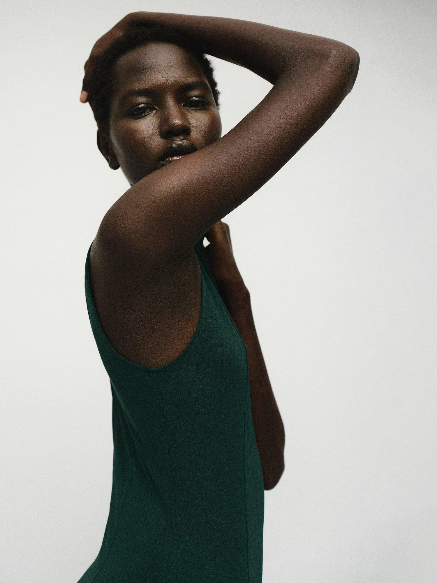 Product image 2 of 7, which shows Mango Godeti Sleeveless Dress, Dark Green, 10