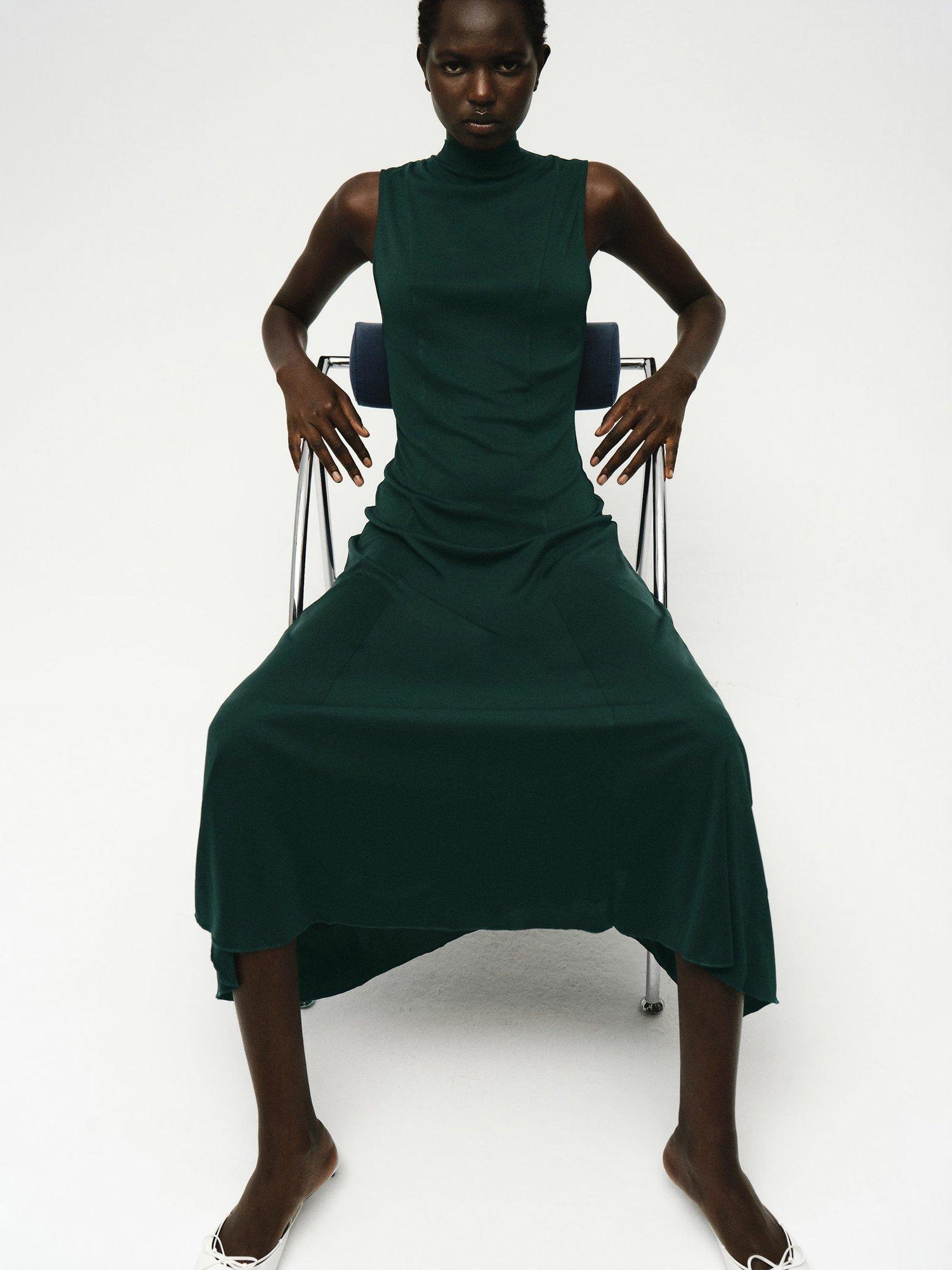 Product image 6 of 7, which shows Mango Godeti Sleeveless Dress, Dark Green, 10