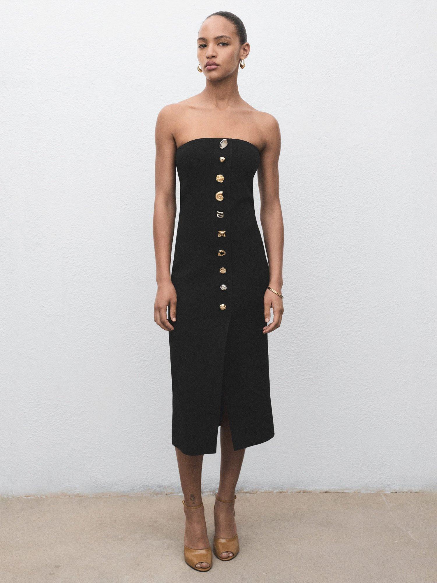 Product image 1 of 7, which shows Mango Dali Button Detail Strapless Dress, Black, 10