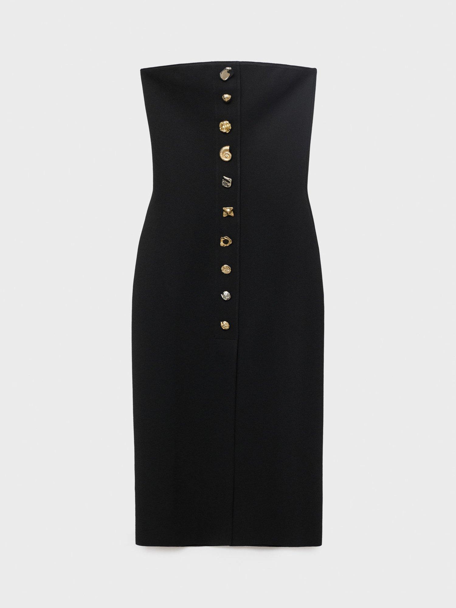 Product image 3 of 7, which shows Mango Dali Button Detail Strapless Dress, Black, 10