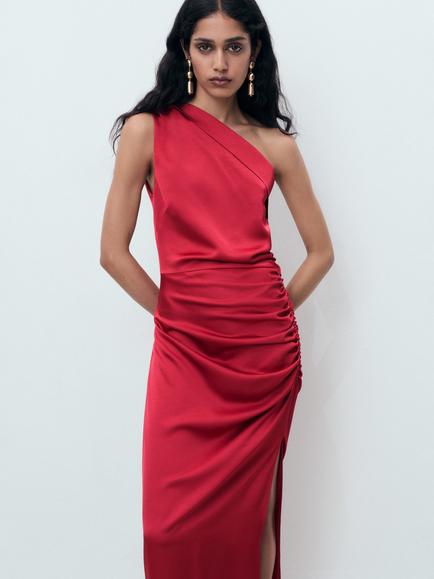 Mango Safron One Shoulder Midi Dress, Dark Red