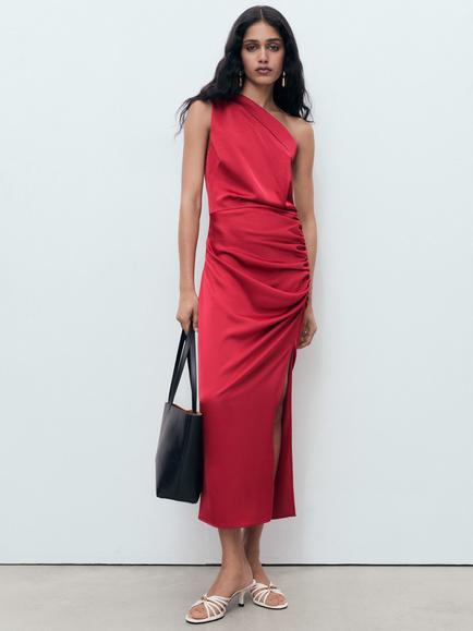 Mango Safron One Shoulder Midi Dress - view 2, Dark Red