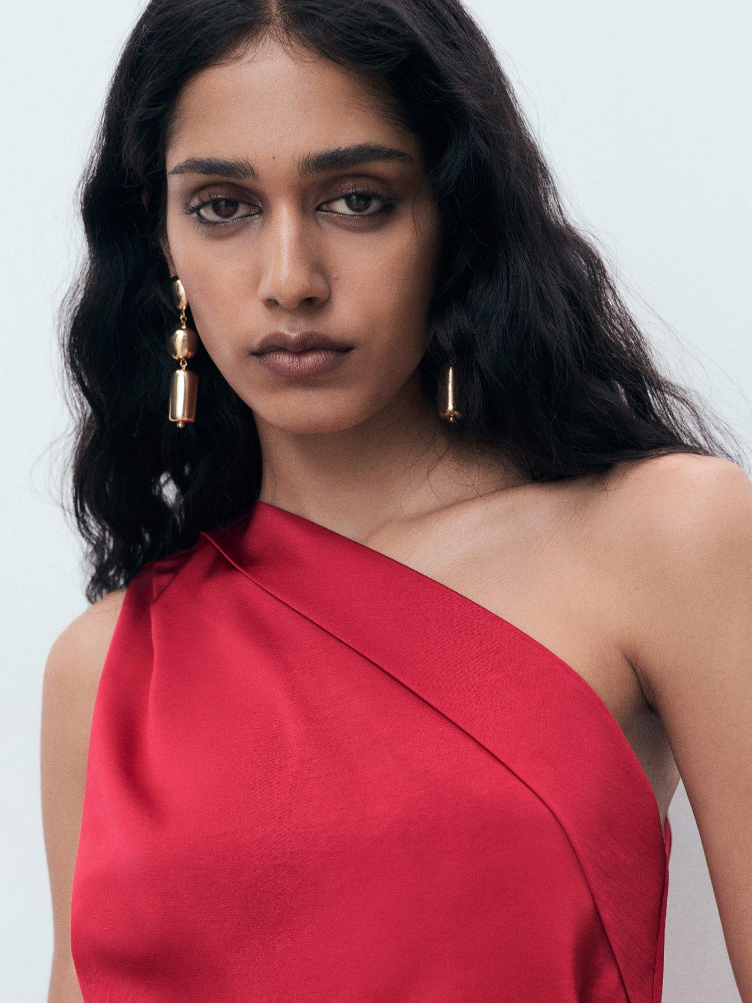 Product image 6 of 8, which shows Mango Safron One Shoulder Midi Dress, Dark Red, 6