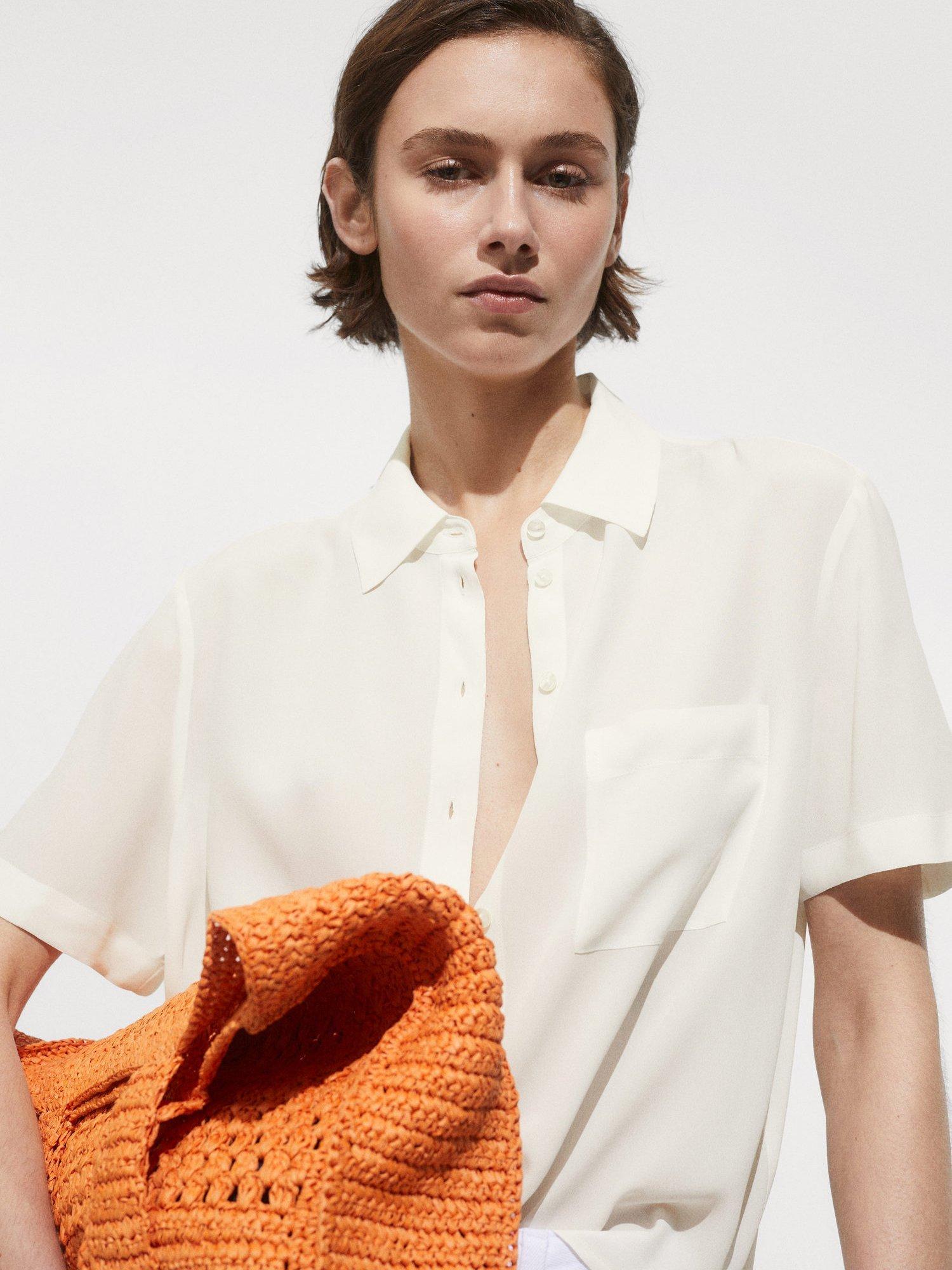 Product image 2 of 8, which shows Mango Moss Fluid Short Sleeve Shirt, Natural White, 4