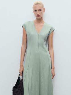 Mango Sprung Pleat Detail Midi Dress, Green, Green