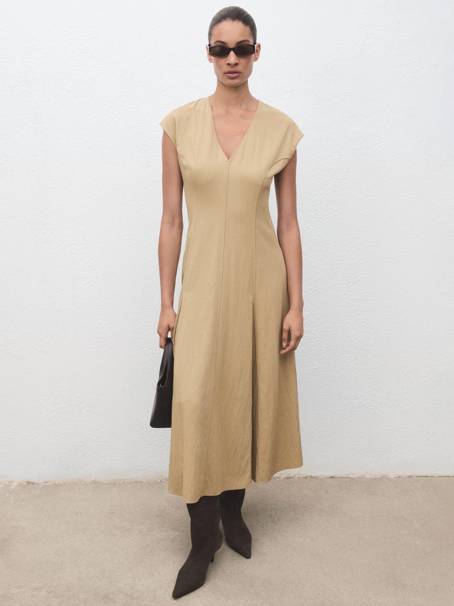 Product image 1 of 9, which shows Mango Sprung Pleat Detail Midi Dress, Beige, 10
