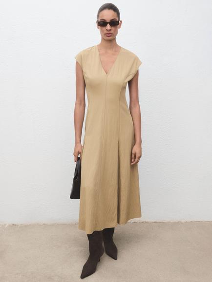 Mango Sprung Pleat Detail Midi Dress, Beige, Beige