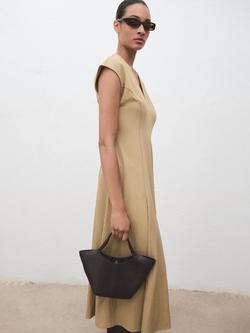 Mango Sprung Pleat Detail Midi Dress, Beige - view 2, Beige