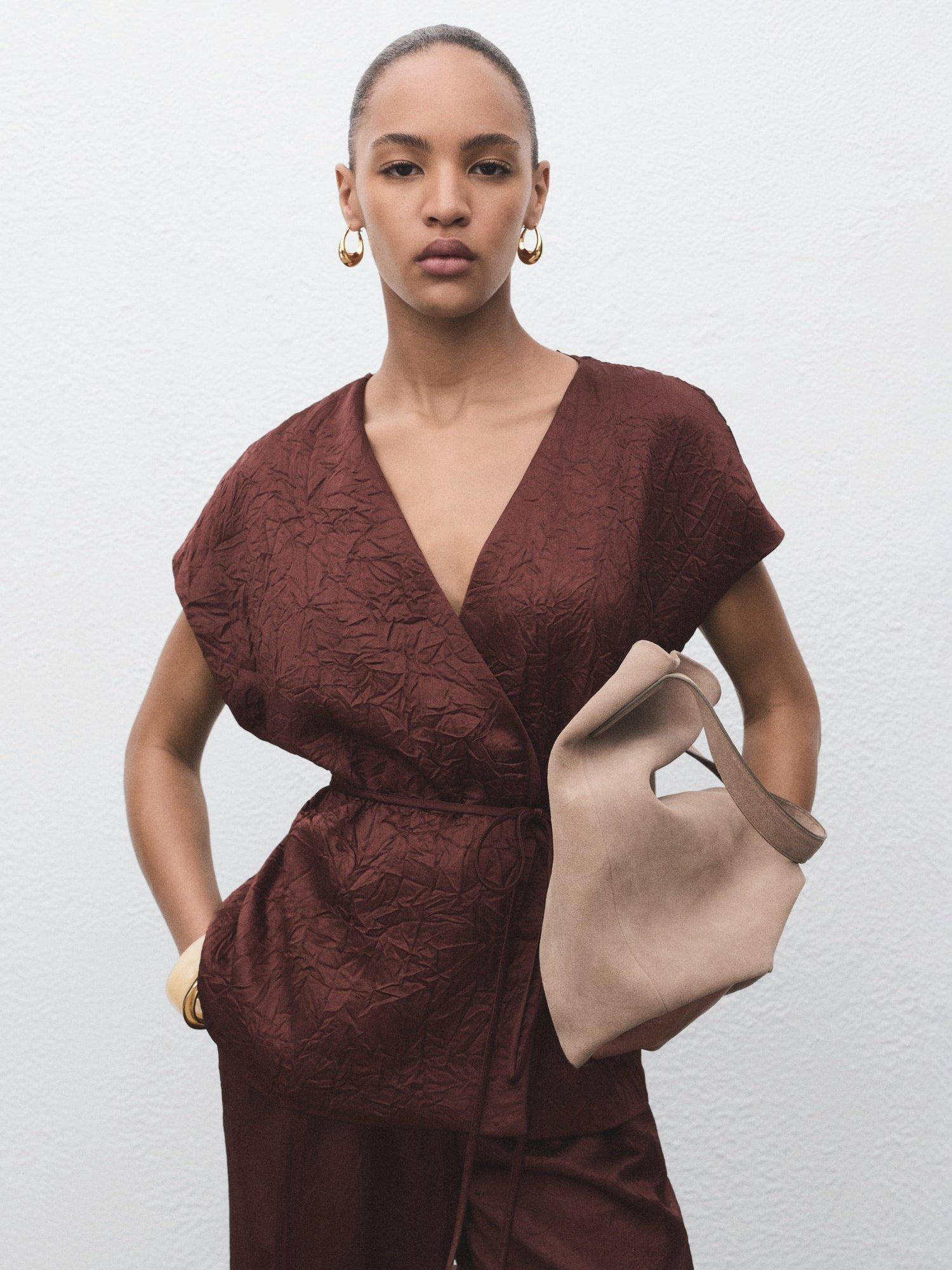 Product image 1 of 8, which shows Mango Flor Jaquard Wrap Waistcoat, Dark Brown, XS