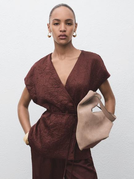 Mango Flor Jaquard Wrap Waistcoat, Dark Brown, Dark Brown