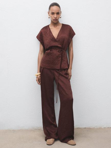 Mango Flor Jaquard Wrap Waistcoat, Dark Brown - view 2, Dark Brown