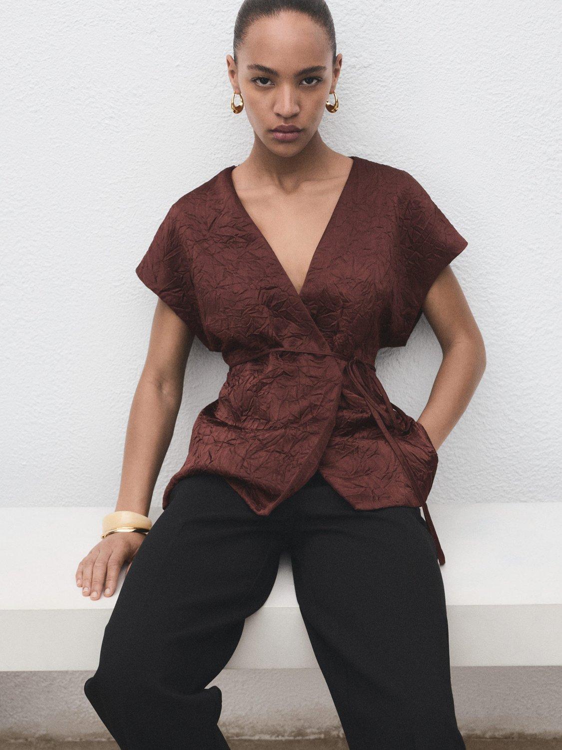 Product image 7 of 8, which shows Mango Flor Jaquard Wrap Waistcoat, Dark Brown, XS