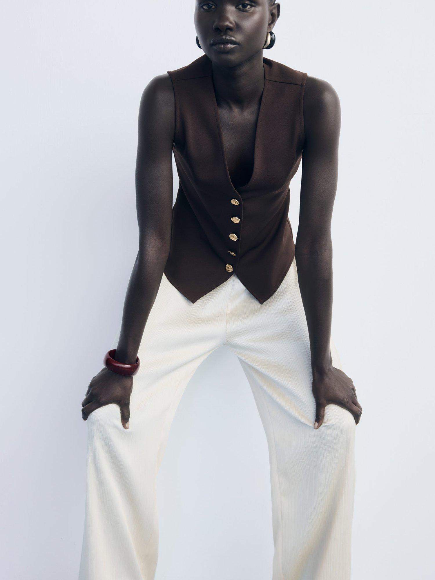 Product image 1 of 8, which shows Mango Salve Button Detail Waistcoat, Brown, M