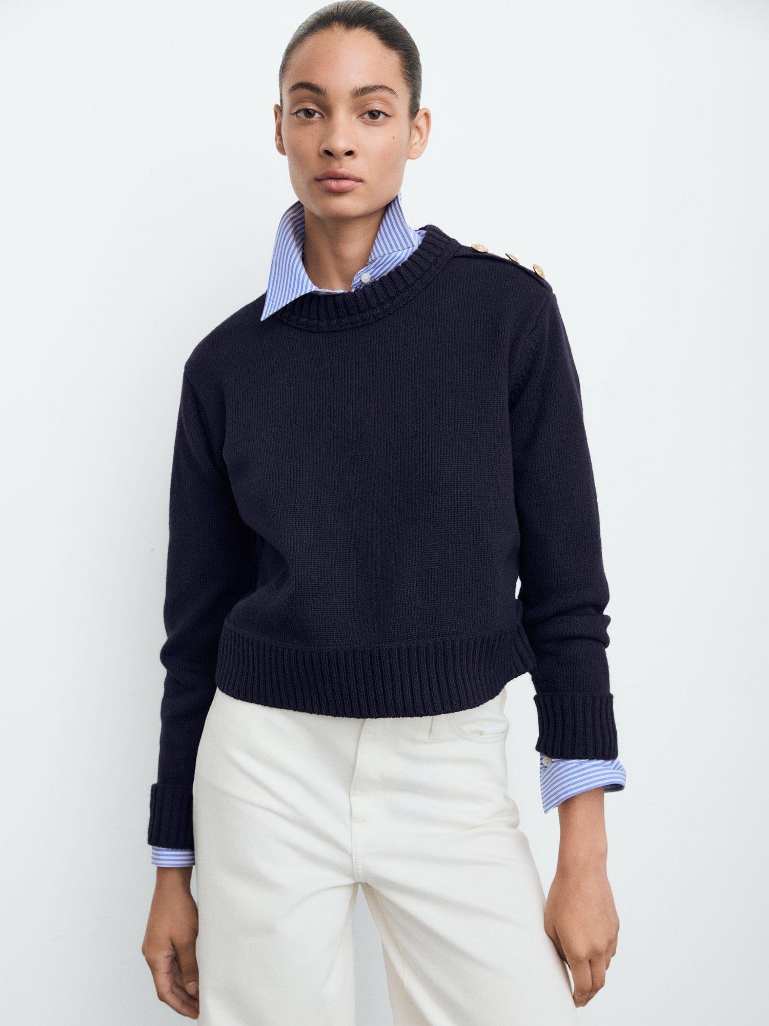 Product image 1 of 9, which shows Mango Cabo Button Shoulder Jumper, Navy, XXXL