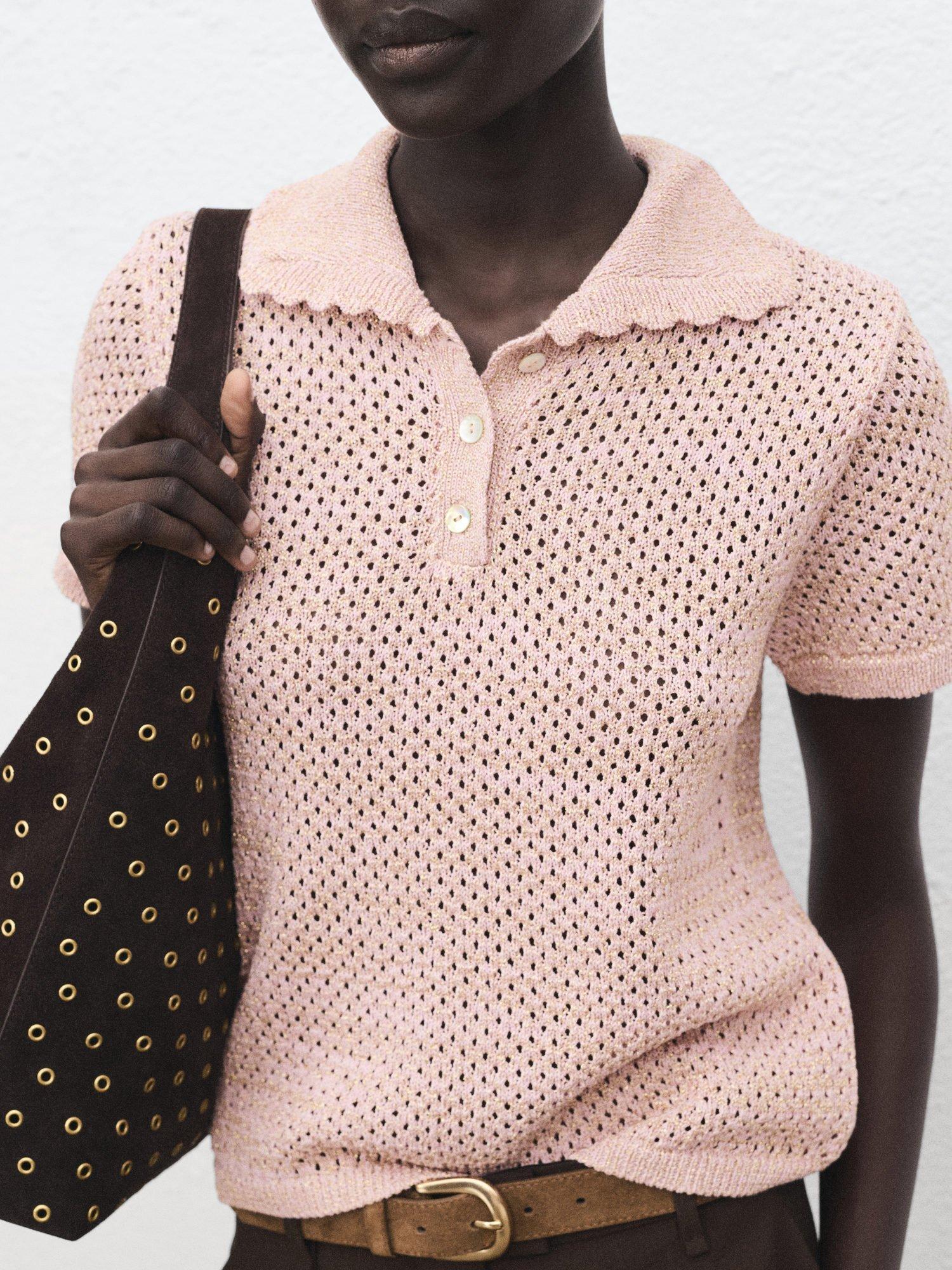 Product image 2 of 7, which shows Mango Limusin Pointelle Knit Top, Pastel Pink, XS