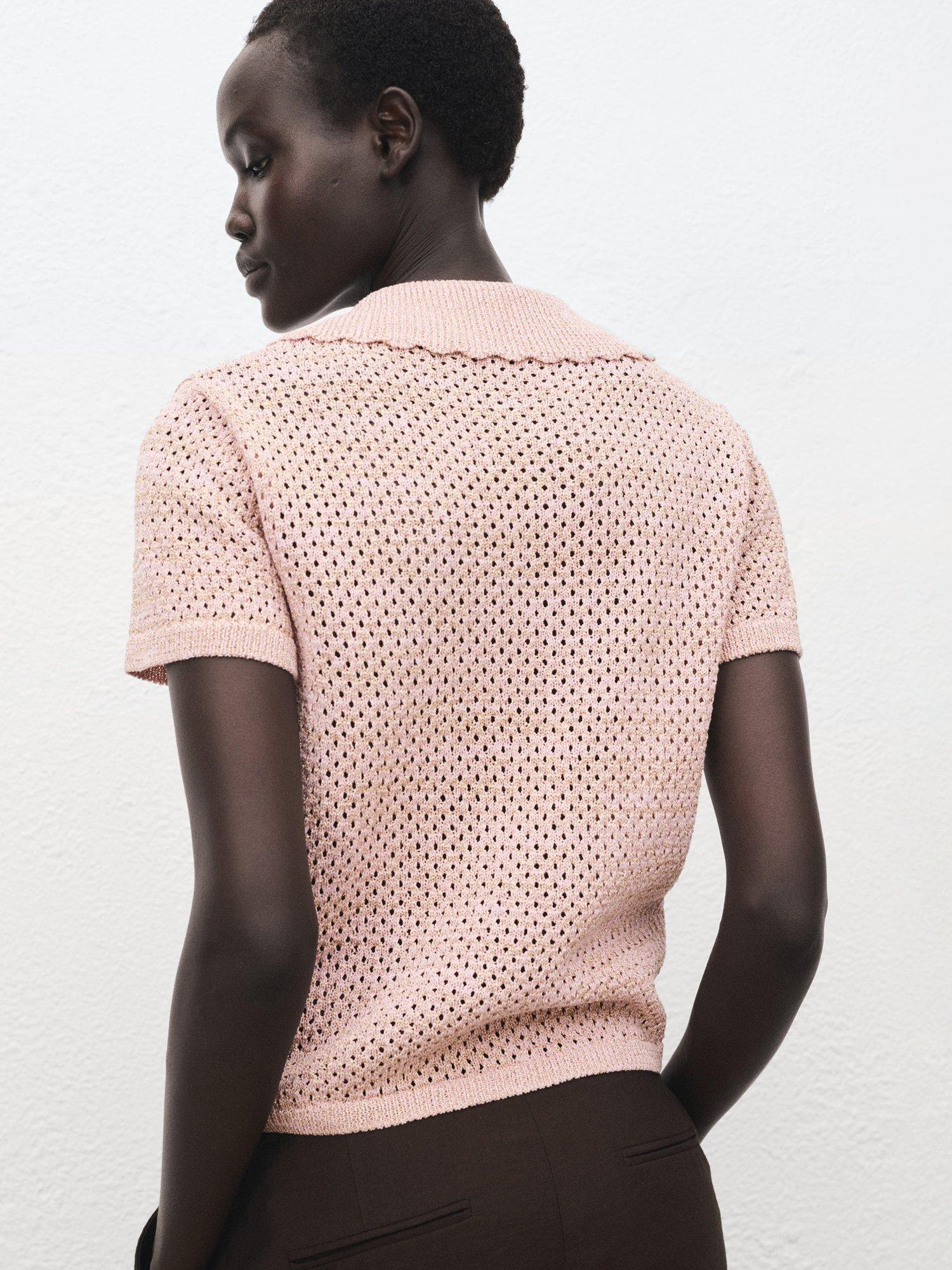 Product image 4 of 7, which shows Mango Limusin Pointelle Knit Top, Pastel Pink, XS