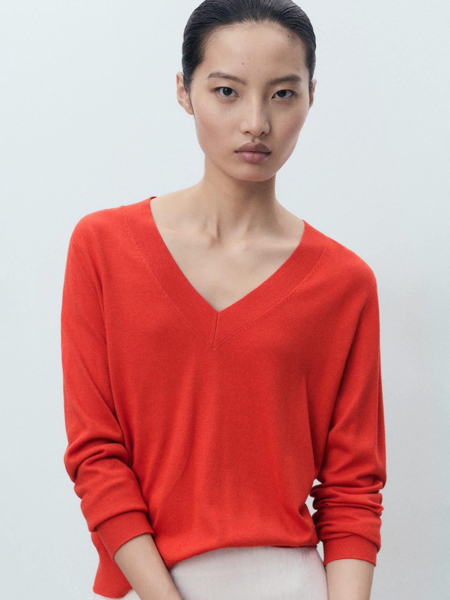 Mango Lucca V-Neck Jumper, Dark Orange