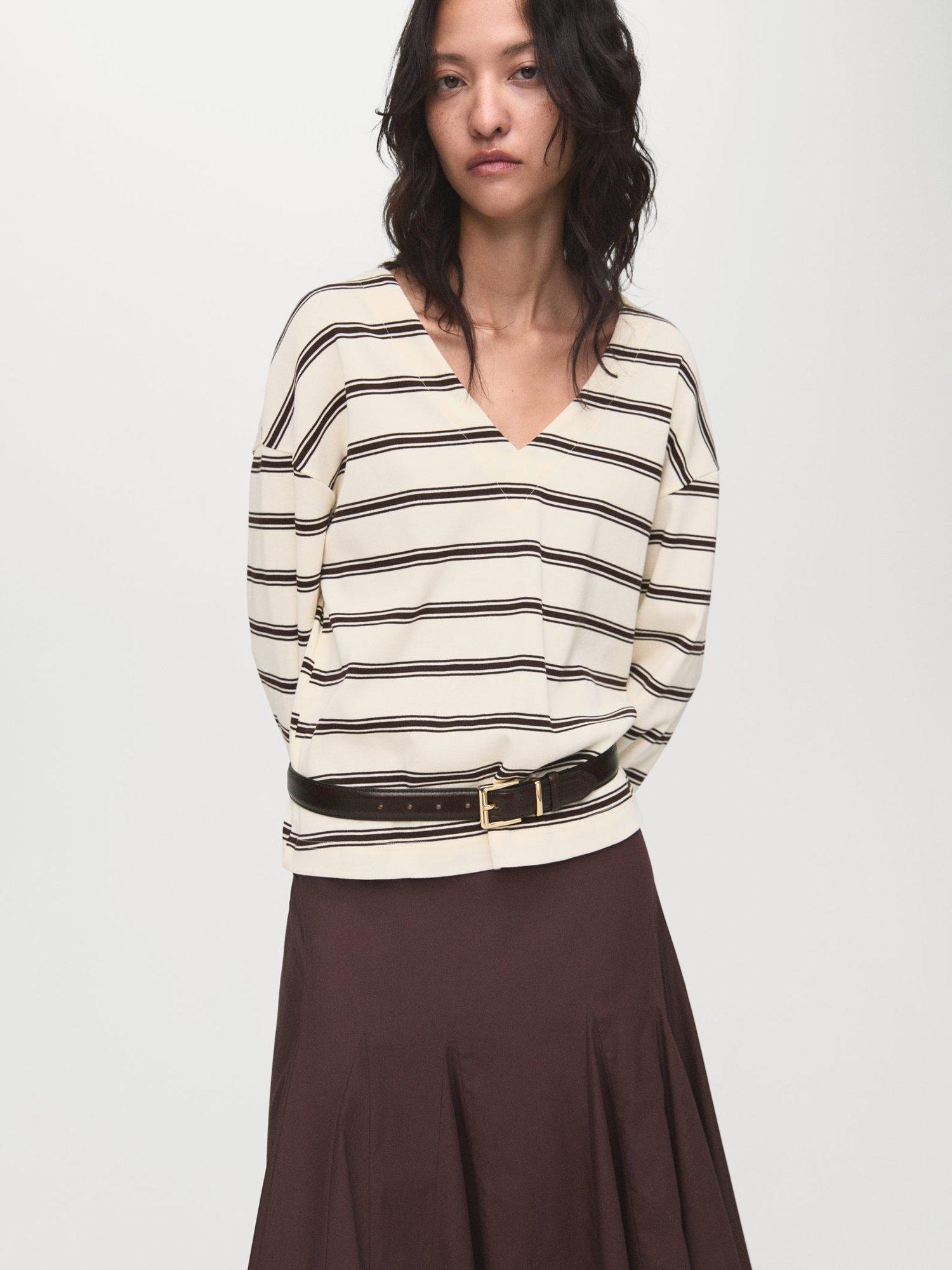 Product image 1 of 7, which shows Mango Timothee Stripe Jersey Top, Natural White, XXS